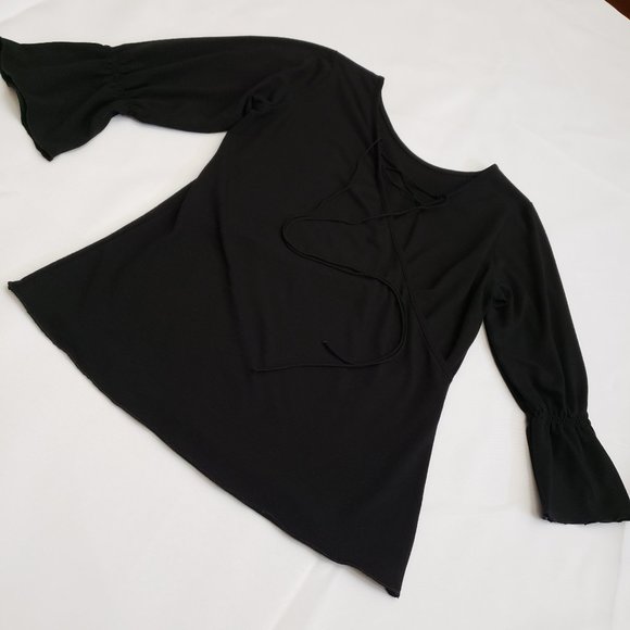 Adjustable Lace Up 3/4 Sleeve Surplice Shirt SZ S Black - Picture 7 of 7